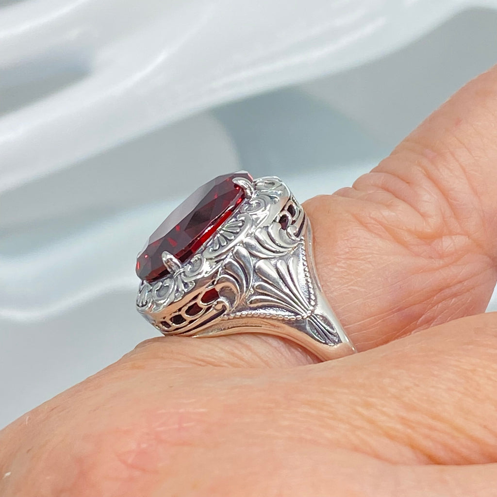 Garnet Ring, Red CZ gem, Cubic Zirconia Ring, Oval Gemstone, Lion Art Deco Sterling Silver Filigree, Art Deco Jewelry, Silver Embrace Jewelry, D217