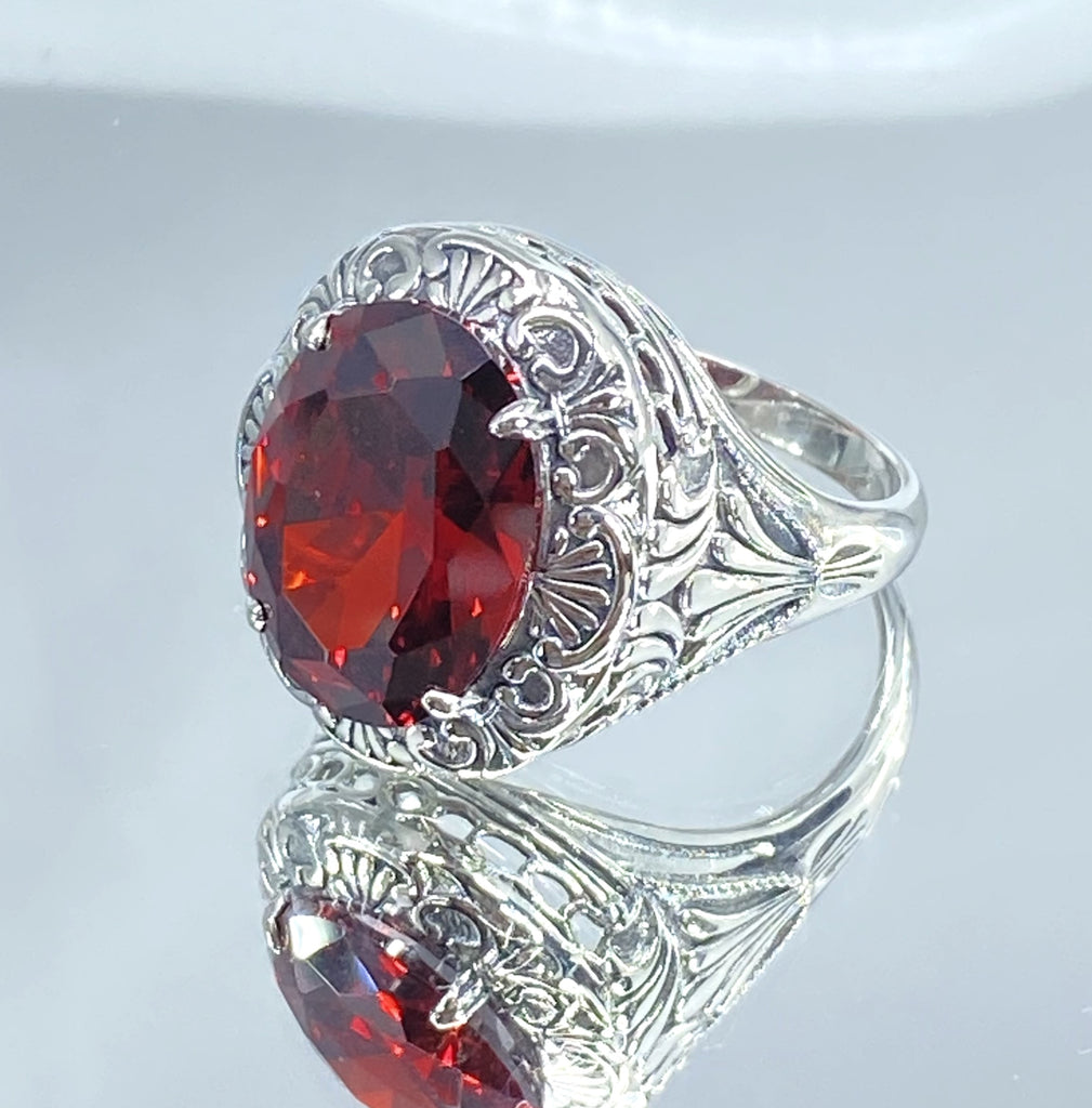 Garnet Ring, Red CZ gem, Cubic Zirconia Ring, Oval Gemstone, Lion Art Deco Sterling Silver Filigree, Art Deco Jewelry, Silver Embrace Jewelry, D217