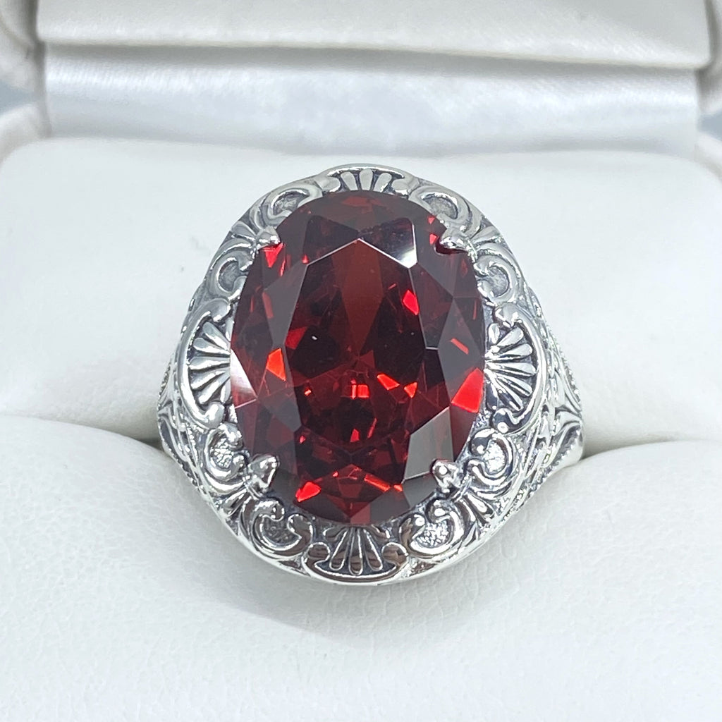 Garnet Ring, Red CZ gem, Cubic Zirconia Ring, Oval Gemstone, Lion Art Deco Sterling Silver Filigree, Art Deco Jewelry, Silver Embrace Jewelry, D217
