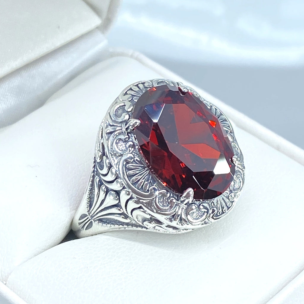 Garnet Ring, Red CZ gem, Cubic Zirconia Ring, Oval Gemstone, Lion Art Deco Sterling Silver Filigree, Art Deco Jewelry, Silver Embrace Jewelry, D217