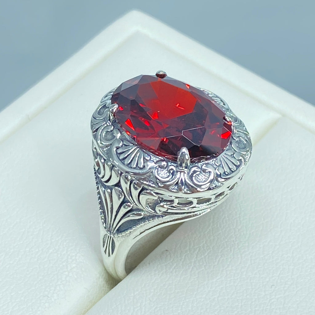 Garnet Ring, Red CZ gem, Cubic Zirconia Ring, Oval Gemstone, Lion Art Deco Sterling Silver Filigree, Art Deco Jewelry, Silver Embrace Jewelry, D217
