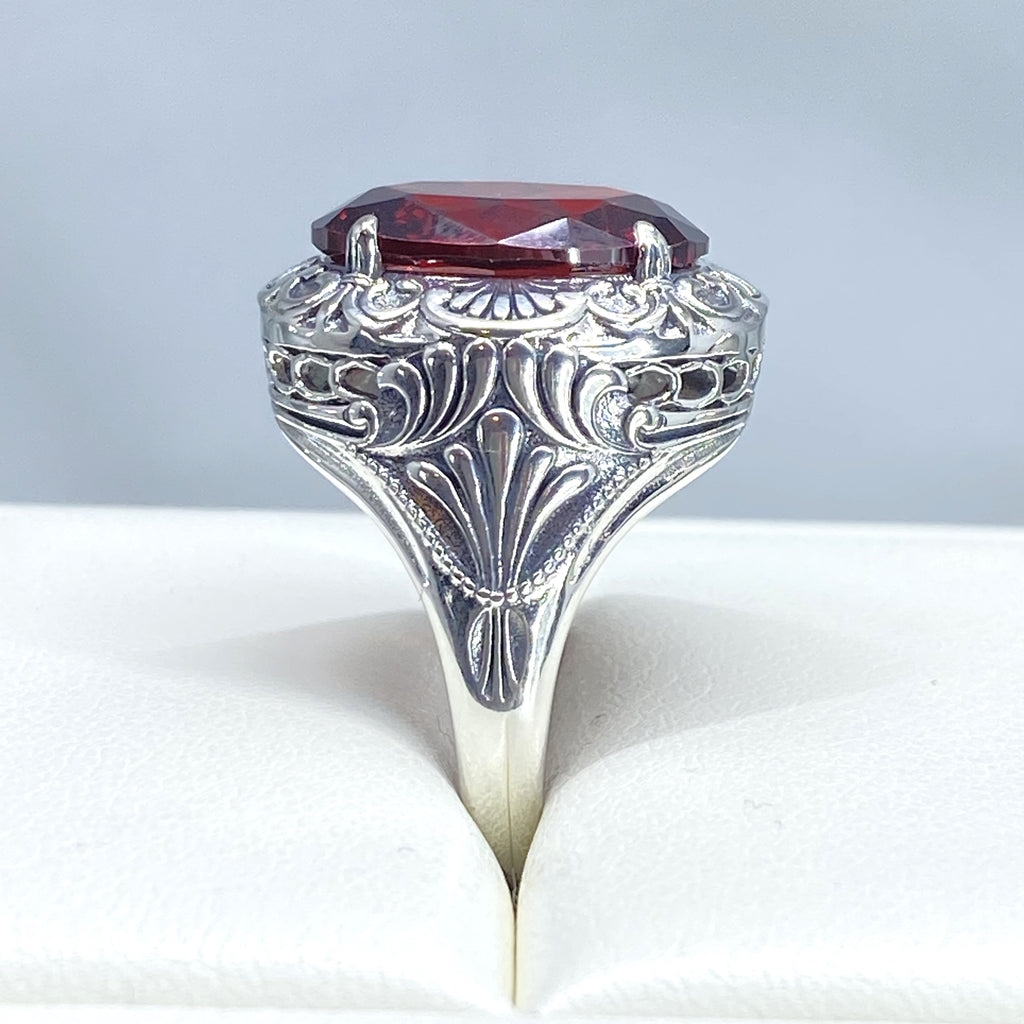 Garnet Ring, Red CZ gem, Cubic Zirconia Ring, Oval Gemstone, Lion Art Deco Sterling Silver Filigree, Art Deco Jewelry, Silver Embrace Jewelry, D217