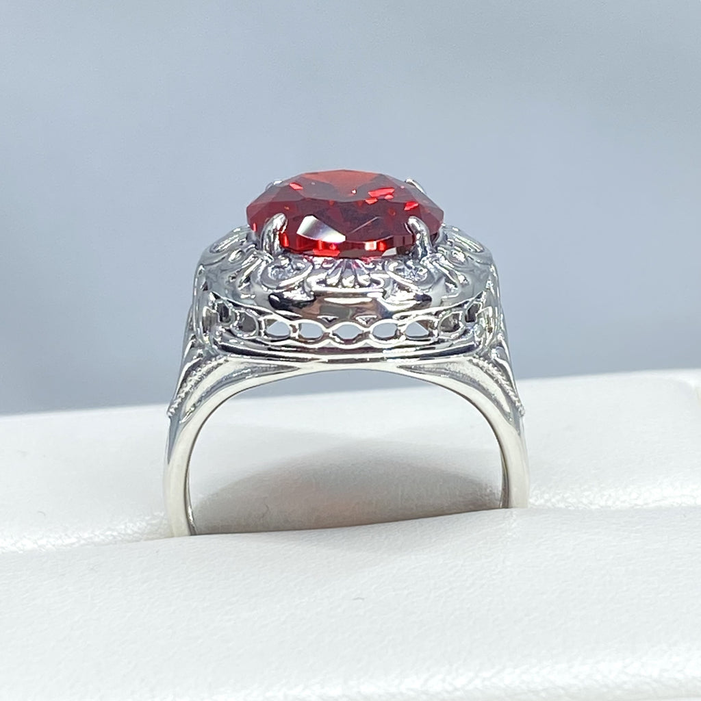 Garnet Ring, Red CZ gem, Cubic Zirconia Ring, Oval Gemstone, Lion Art Deco Sterling Silver Filigree, Art Deco Jewelry, Silver Embrace Jewelry, D217