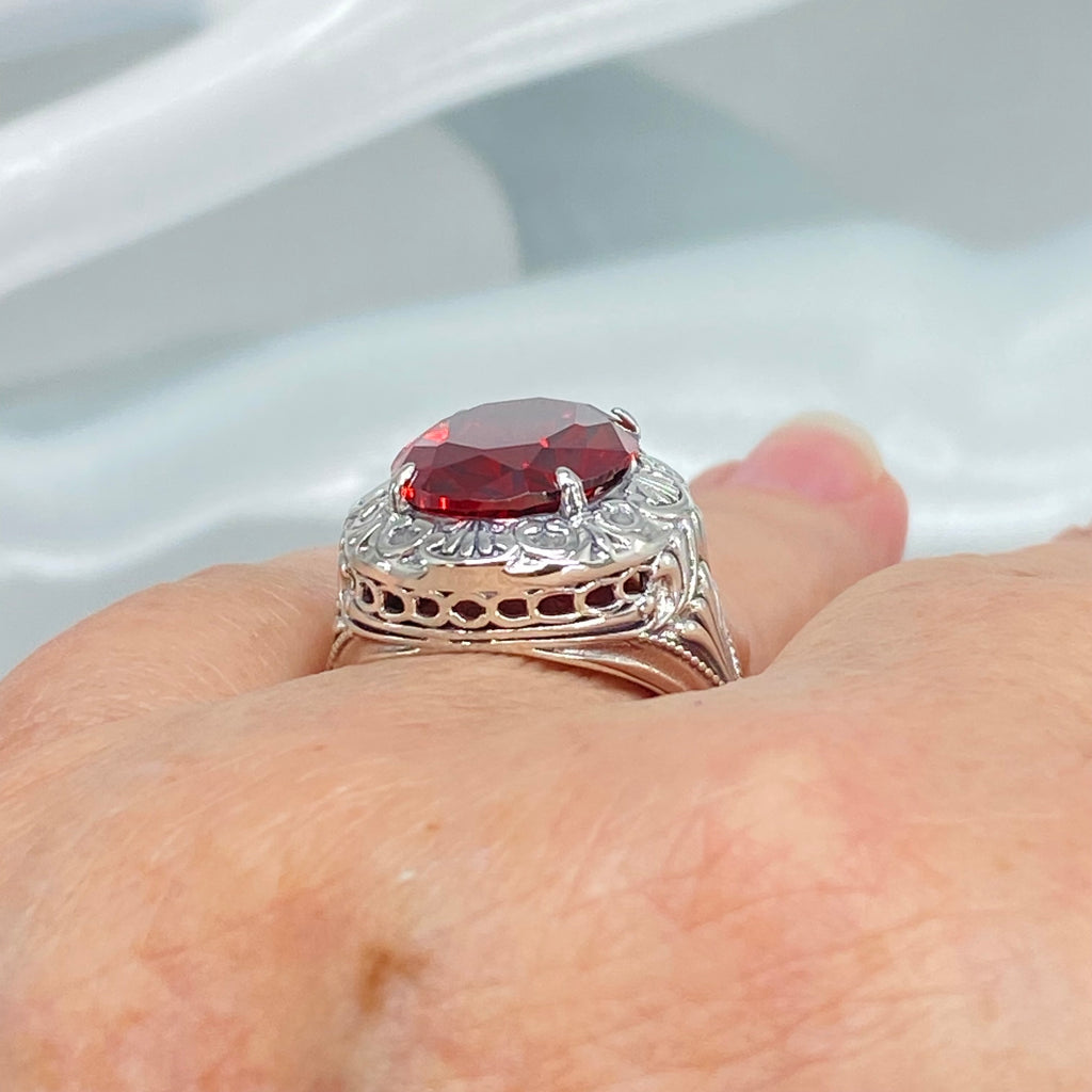 Garnet Ring, Red CZ gem, Cubic Zirconia Ring, Oval Gemstone, Lion Art Deco Sterling Silver Filigree, Art Deco Jewelry, Silver Embrace Jewelry, D217
