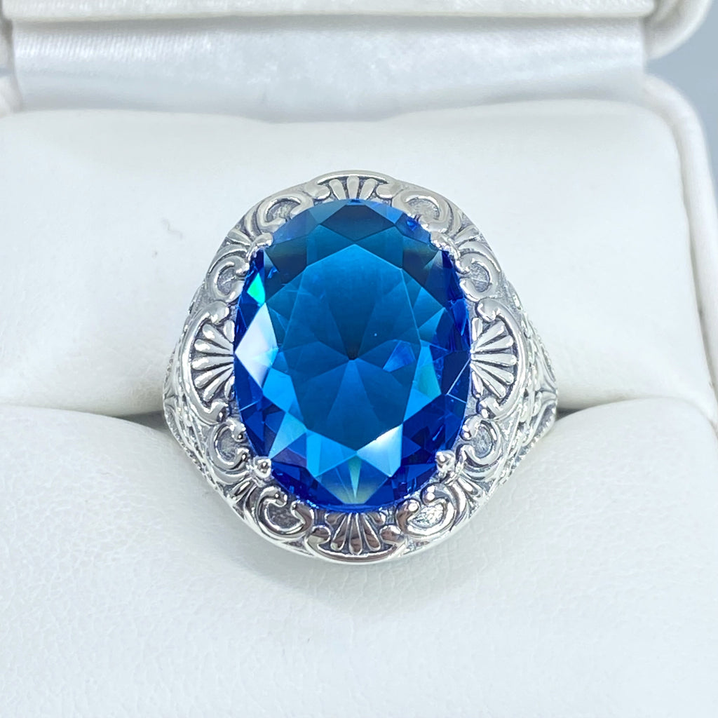 Swiss Blue Topaz Ring, Oval Gemstone, Lion Art Deco Sterling Silver Filigree, Art Deco Jewelry, Silver Embrace Jewelry, D217