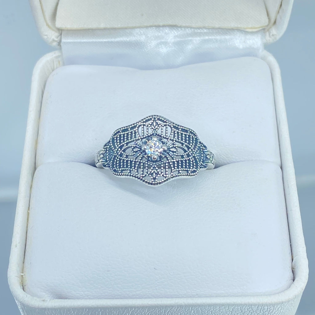 Moissanite Ring, Faux Diamond Ring, intricate and delicate sterling silver filigree around a Lab Moissanite Gemstone, Victorian style, D218, Deco Vic ring