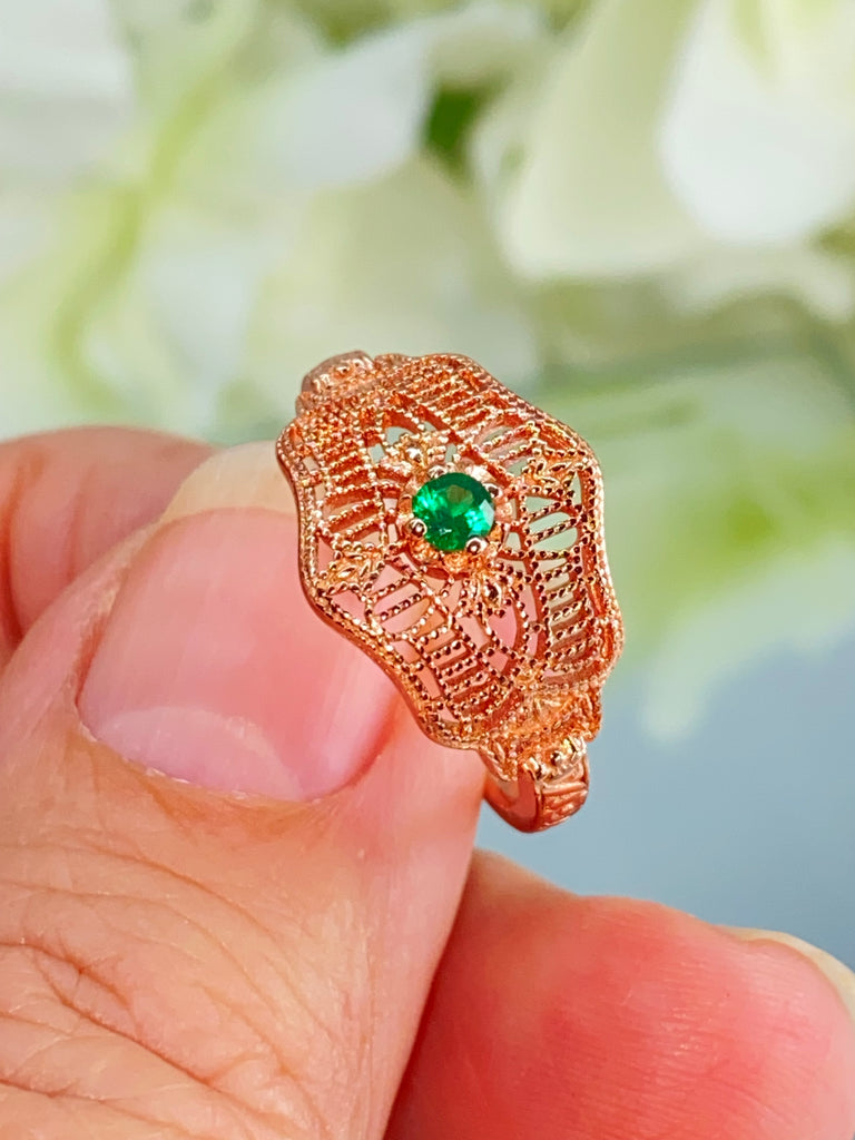 Natural Green Emerald Ring, Art Deco vintage style, solitaire with Rose gold plated sterling silver filigree, Vintage Jewelry, Silver Embrace Jewelry D218 DecoVic