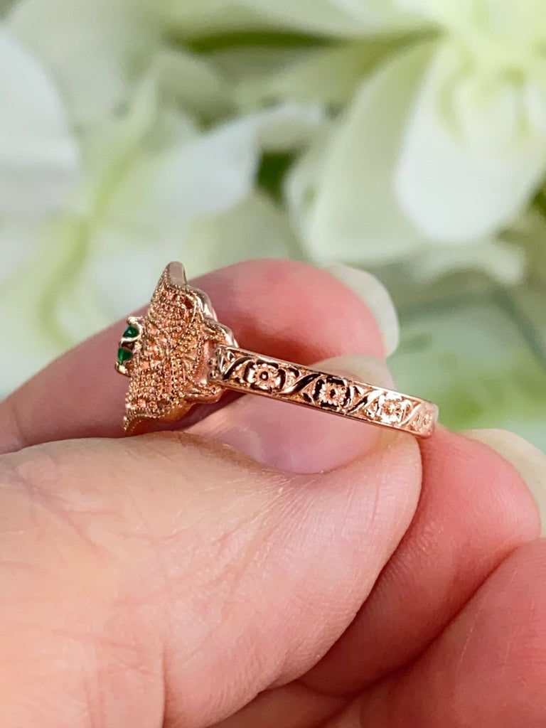 Natural Green Emerald Ring, Art Deco vintage style, solitaire with Rose gold plated sterling silver filigree, Vintage Jewelry, Silver Embrace Jewelry D218 DecoVic