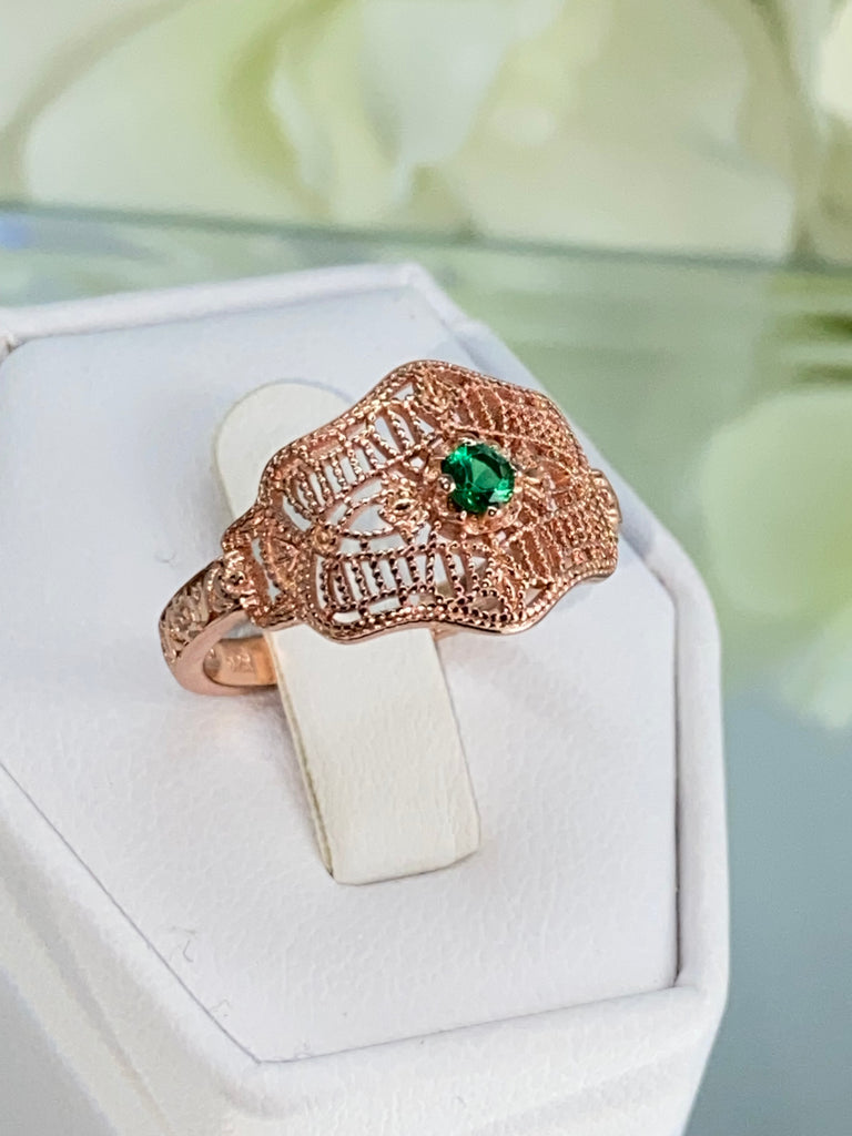 Natural Green Emerald Ring, Art Deco vintage style, solitaire with Rose gold plated sterling silver filigree, Vintage Jewelry, Silver Embrace Jewelry D218 DecoVic