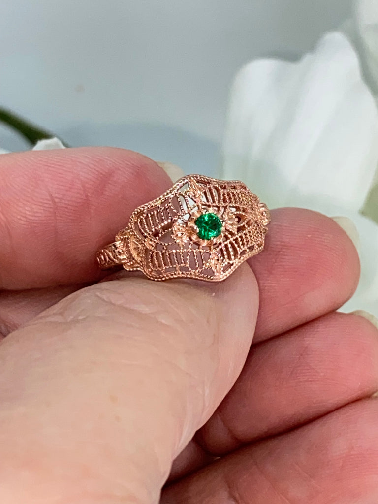 Natural Green Emerald Ring, Art Deco vintage style, solitaire with Rose gold plated sterling silver filigree, Vintage Jewelry, Silver Embrace Jewelry D218 DecoVic