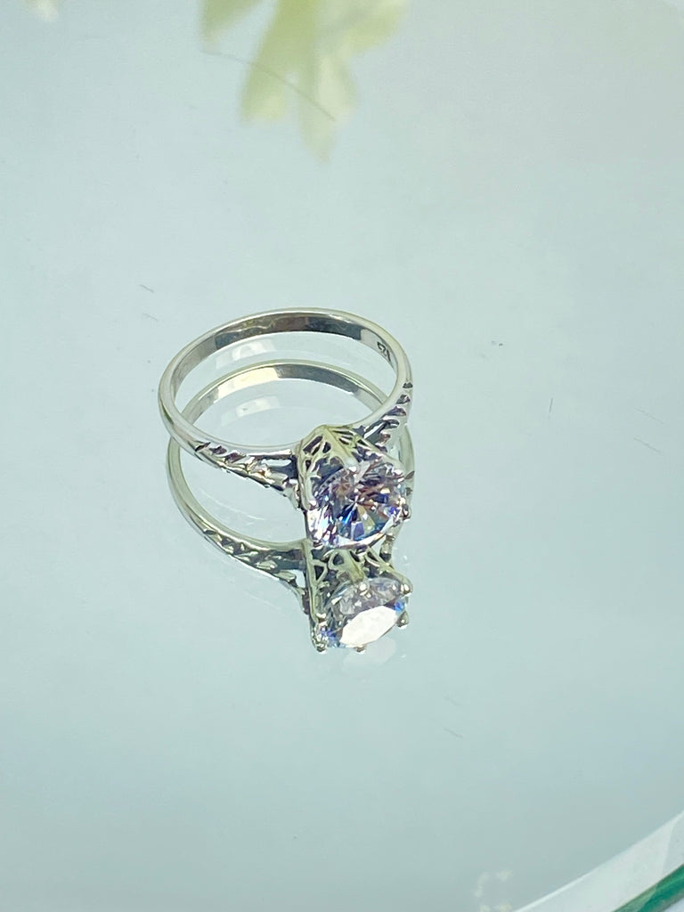 White CZ or Moissanite Wedding ring, sparkling gemstone, victorian wedding solitaire, silver embrace jewelry, D22