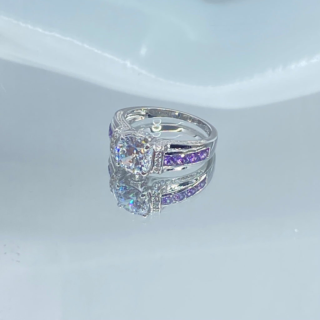 Amethyst Ring, White CZ with Purple Amethyst accent gems, Sterling Silver Filigree, Deco Inlay, Silver Embrace Jewelry D220