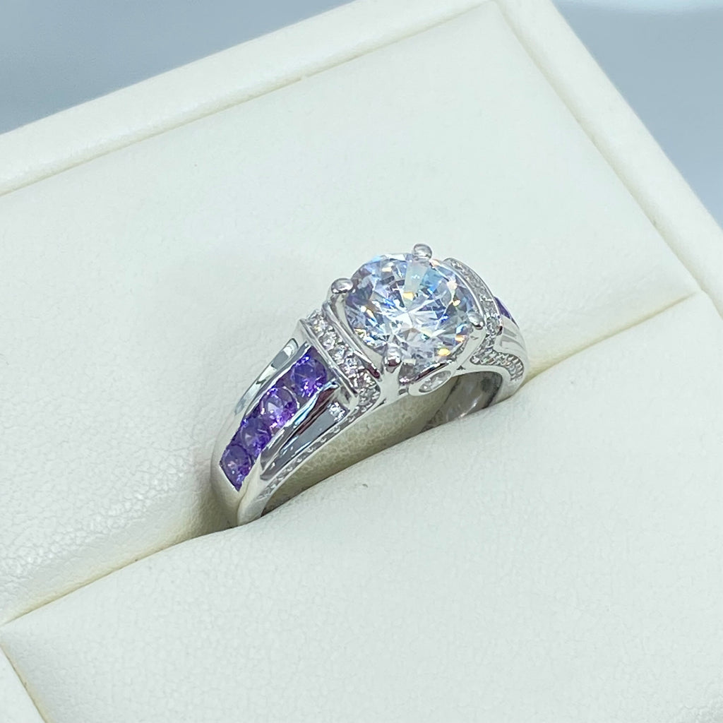 Amethyst Ring, White CZ with Purple Amethyst accent gems, Sterling Silver Filigree, Deco Inlay, Silver Embrace Jewelry D220
