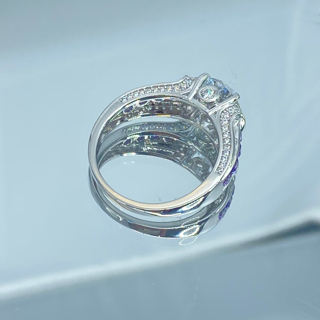 Amethyst Ring, White CZ with Purple Amethyst accent gems, Sterling Silver Filigree, Deco Inlay, Silver Embrace Jewelry D220