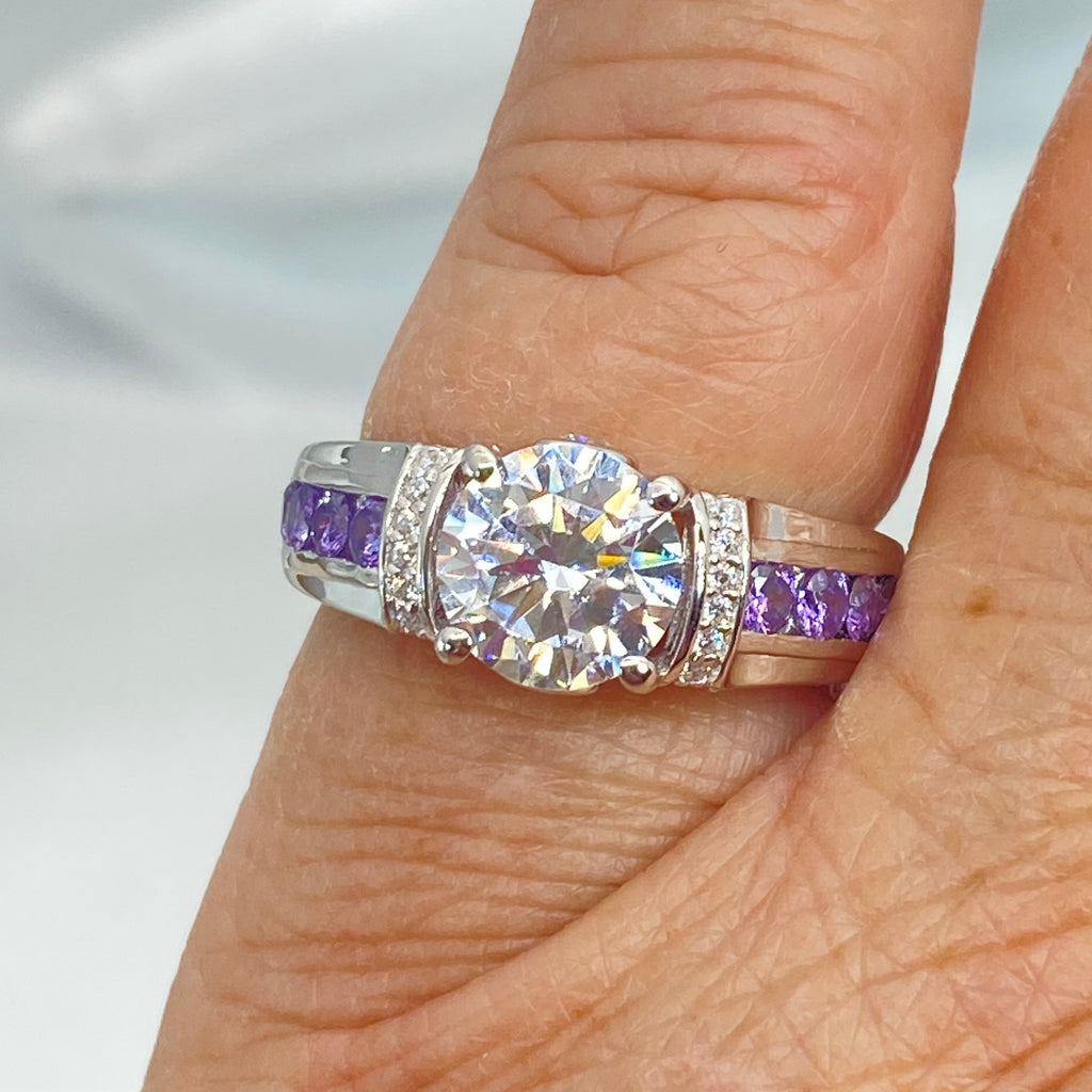 Amethyst Ring, White CZ with Purple Amethyst accent gems, Sterling Silver Filigree, Deco Inlay, Silver Embrace Jewelry D220