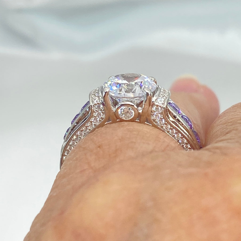 Amethyst Ring, White CZ with Purple Amethyst accent gems, Sterling Silver Filigree, Deco Inlay, Silver Embrace Jewelry D220
