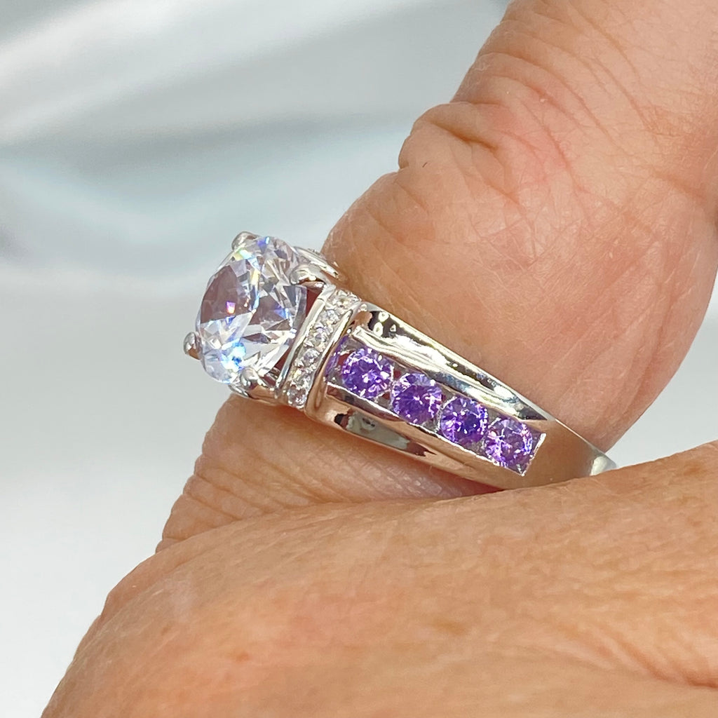 Amethyst Ring, White CZ with Purple Amethyst accent gems, Sterling Silver Filigree, Deco Inlay, Silver Embrace Jewelry D220