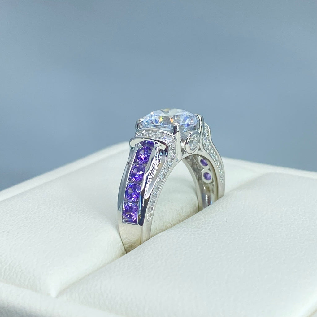 Amethyst Ring, White CZ with Purple Amethyst accent gems, Sterling Silver Filigree, Deco Inlay, Silver Embrace Jewelry D220