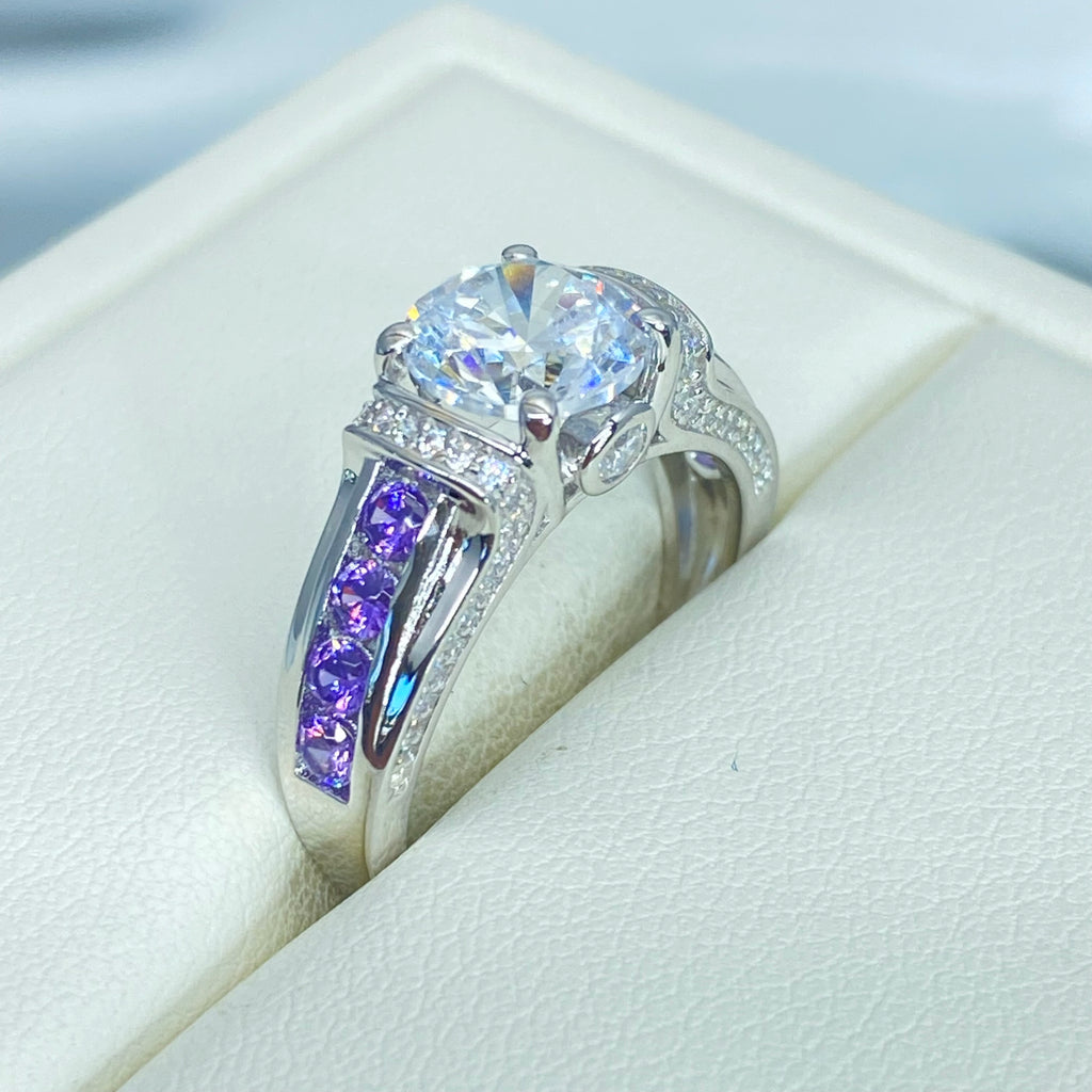 Amethyst Ring, White CZ with Purple Amethyst accent gems, Sterling Silver Filigree, Deco Inlay, Silver Embrace Jewelry D220