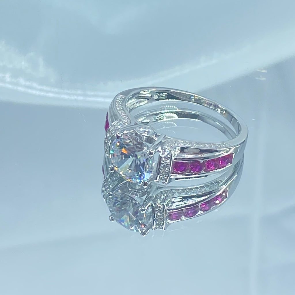 White CZ & Ruby Ring, D220, Deco Inlay design, Sterling silver filigree, Silver Embrace Jewelry