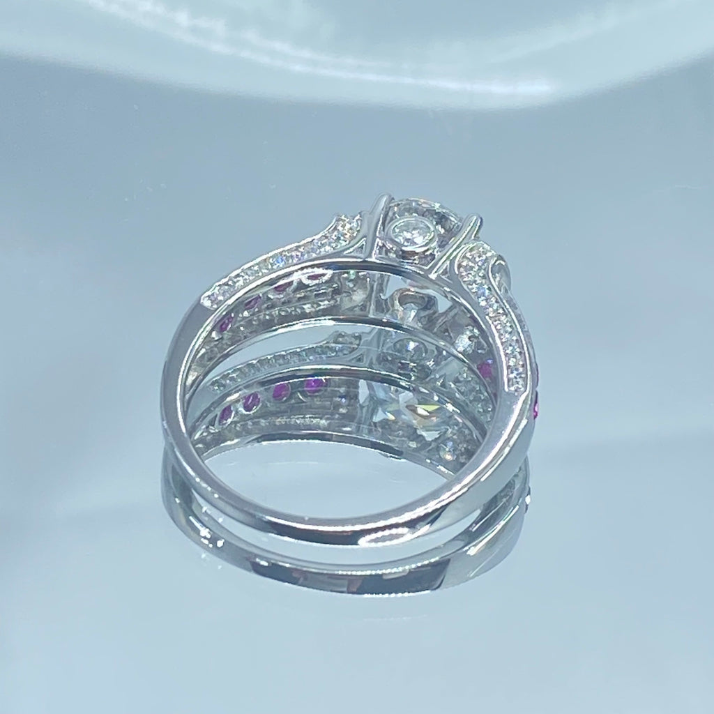 White CZ & Ruby Ring, D220, Deco Inlay design, Sterling silver filigree, Silver Embrace Jewelry