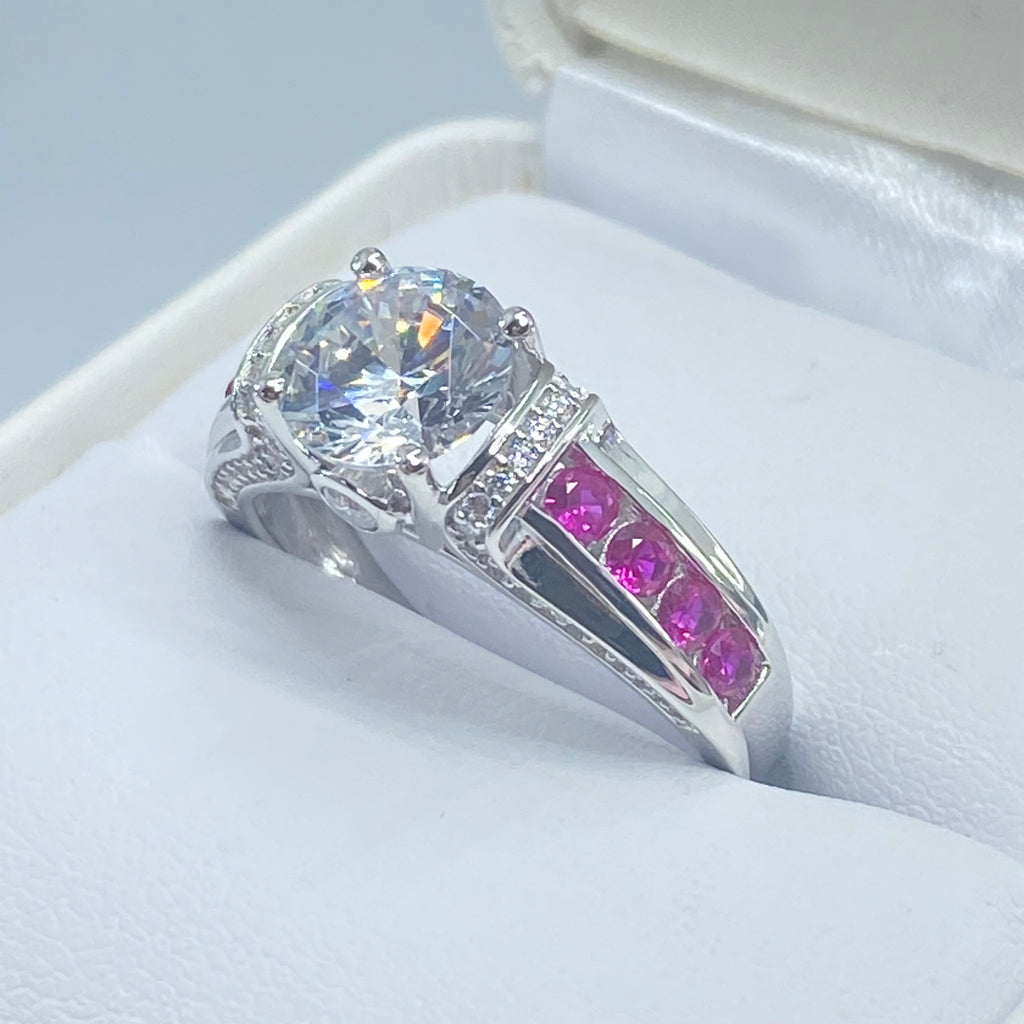 Silver ring with a large faux diamond and smaller pink stones on a white cushion, White CZ & Ruby Ring, D220, Deco Inlay design, Sterling silver filigree, Silver Embrace Jewelry