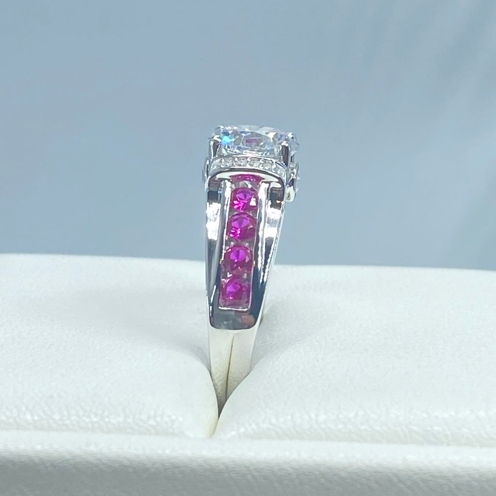 White CZ & Ruby Ring, D220, Deco Inlay design, Sterling silver filigree, Silver Embrace Jewelry