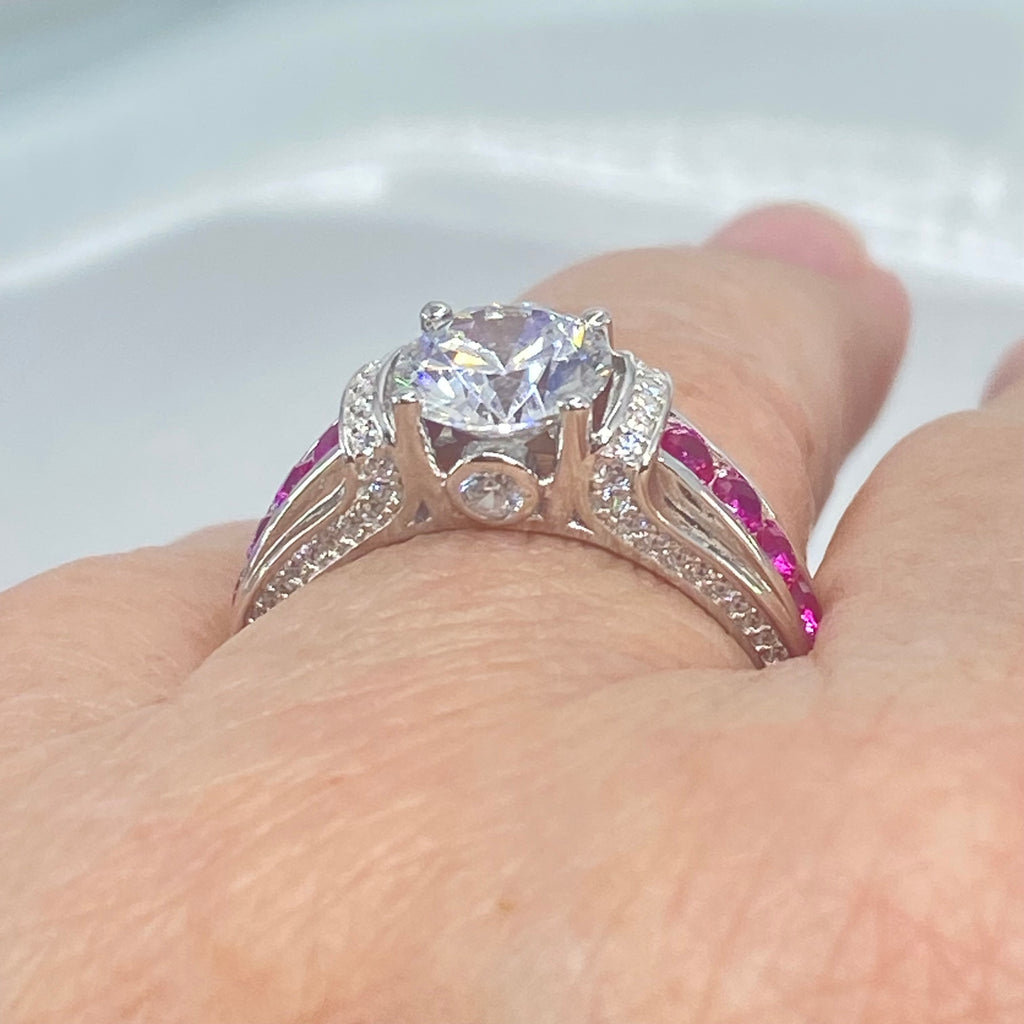 White CZ & Ruby Ring, D220, Deco Inlay design, Sterling silver filigree, Silver Embrace Jewelry