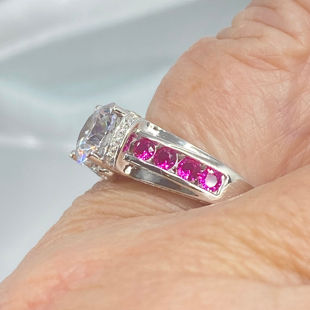 White CZ & Ruby Ring, D220, Deco Inlay design, Sterling silver filigree, Silver Embrace Jewelry