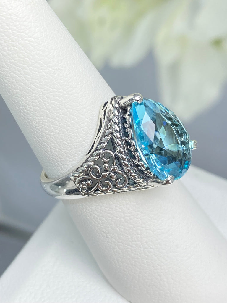 Aquamarine Tear drop Ring, Tear Lace design, Victorian jewelry, Silver Embrace Jewelry, D222