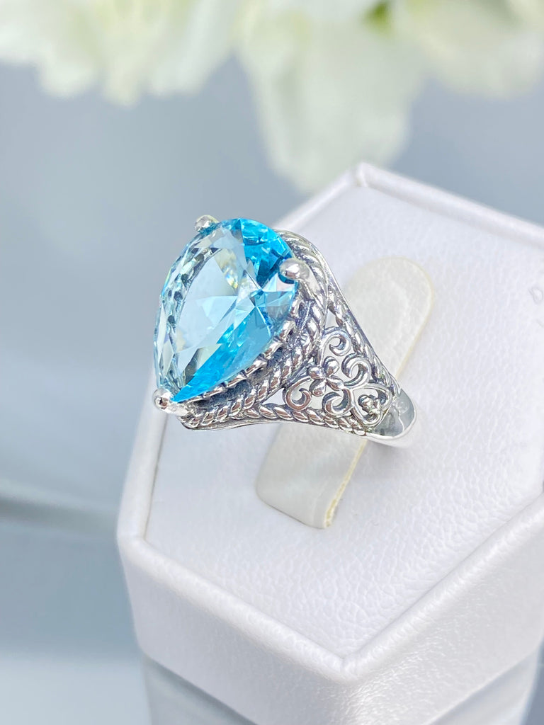 Aquamarine Tear drop Ring, Tear Lace design, Victorian jewelry, Silver Embrace Jewelry, D222