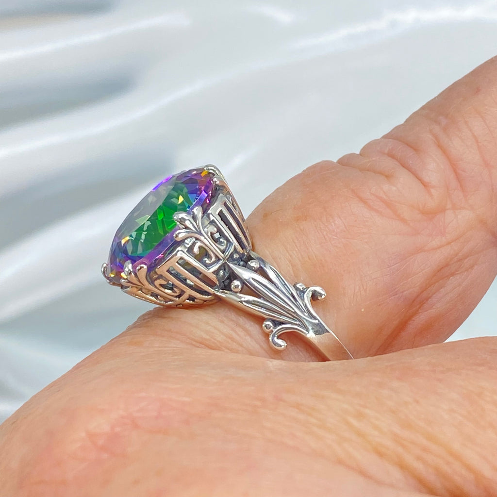 Mystic Topaz Ring, Large Round Gem with fleur de Lis filigree surrounding, Sterling silver Filigree, round Luv design, D226