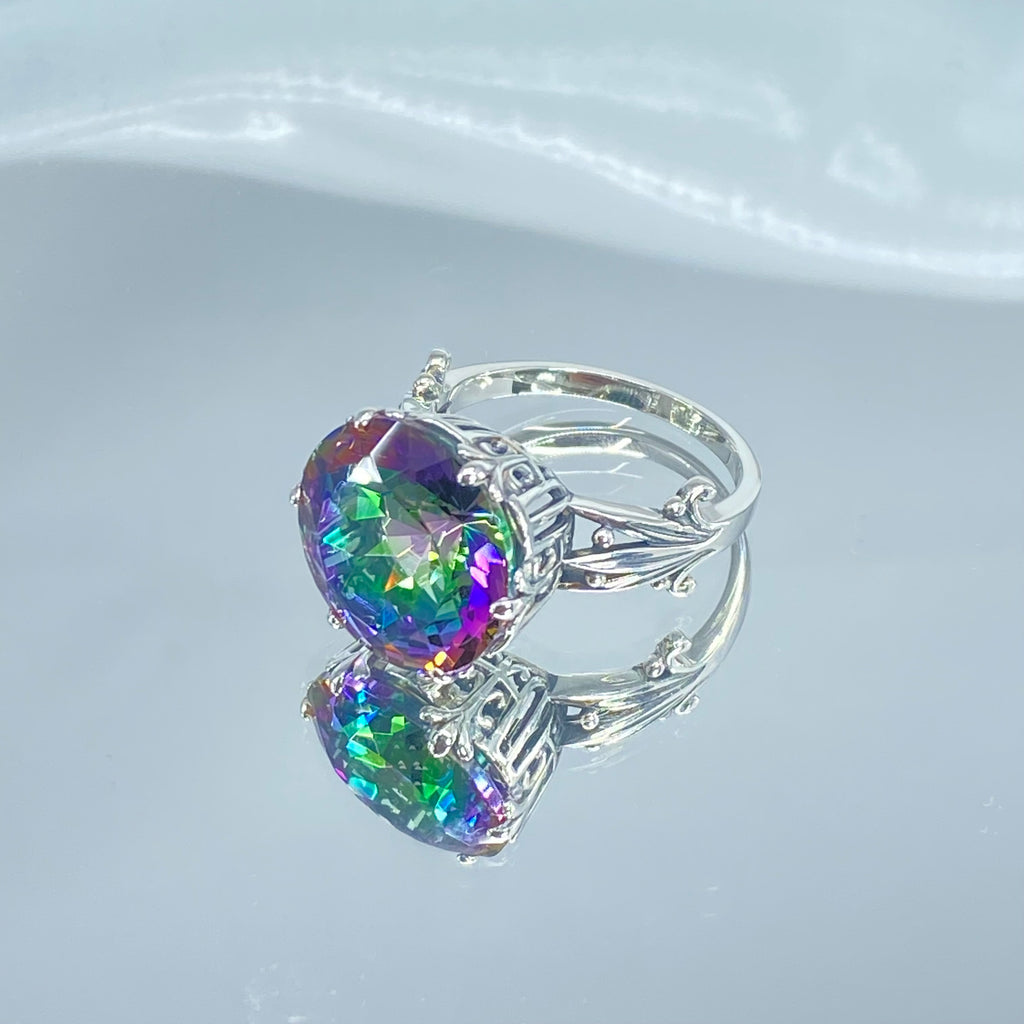 Mystic Topaz Ring, Large Round Gem with fleur de Lis filigree surrounding, Sterling silver Filigree, round Luv design, D226