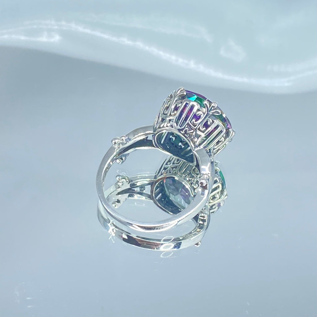 Mystic Topaz Ring, Large Round Gem with fleur de Lis filigree surrounding, Sterling silver Filigree, round Luv design, D226