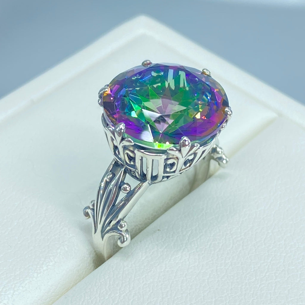 Mystic Topaz Ring, Large Round Gem with fleur de Lis filigree surrounding, Sterling silver Filigree, round Luv design, D226