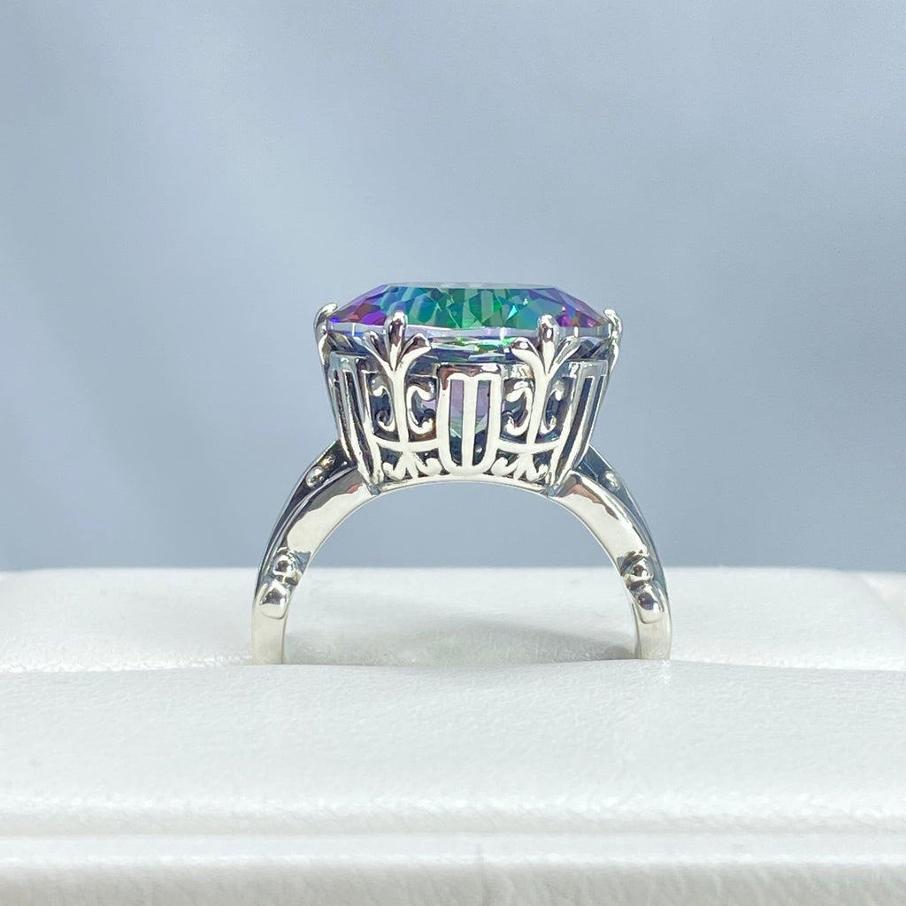 Mystic Topaz Ring, Large Round Gem with fleur de Lis filigree surrounding, Sterling silver Filigree, round Luv design, D226