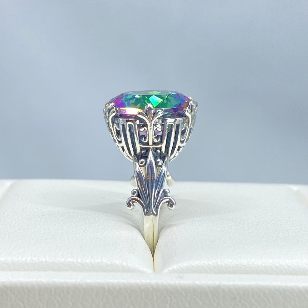 Mystic Topaz Ring, Large Round Gem with fleur de Lis filigree surrounding, Sterling silver Filigree, round Luv design, D226