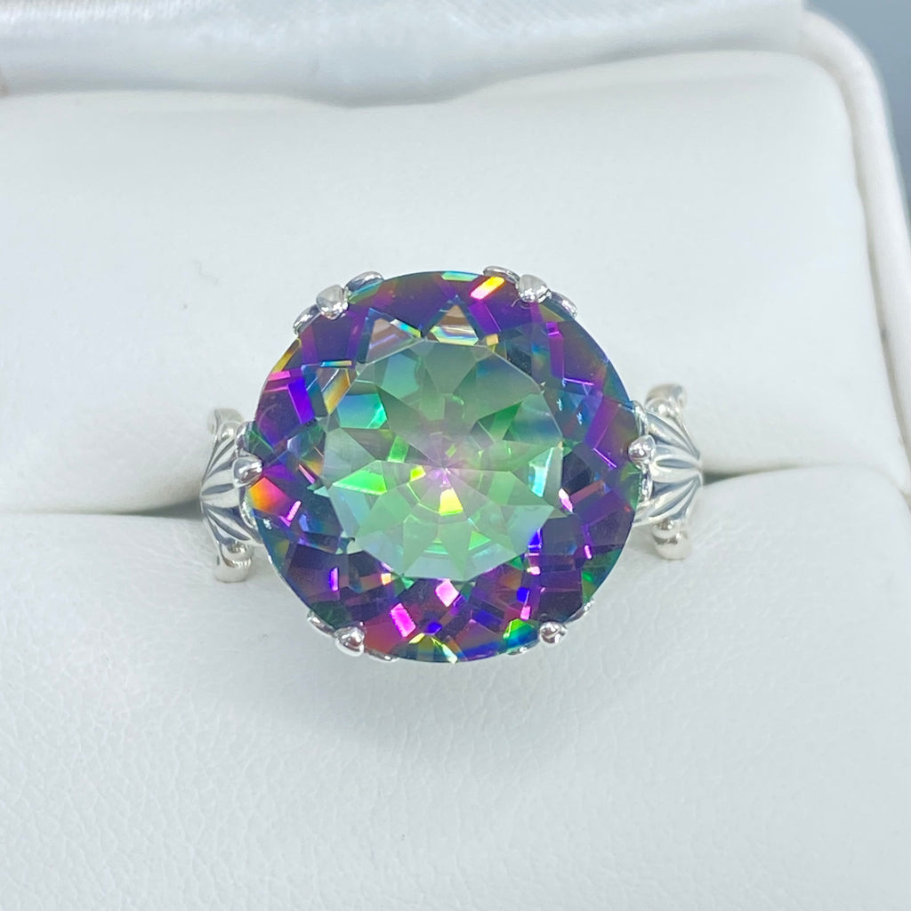 Mystic Topaz Ring, Large Round Gem with fleur de Lis filigree surrounding, Sterling silver Filigree, round Luv design, D226
