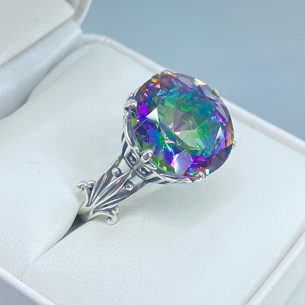 Mystic Topaz Ring, Large Round Gem with fleur de Lis filigree surrounding, Sterling silver Filigree, round Luv design, D226