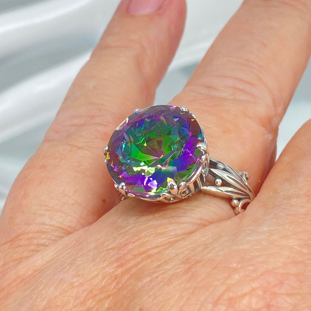 Mystic Topaz Ring, Large Round Gem with fleur de Lis filigree surrounding, Sterling silver Filigree, round Luv design, D226