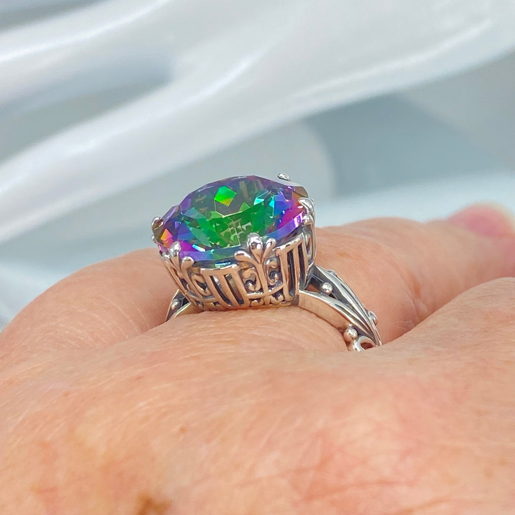 Mystic Topaz Ring, Large Round Gem with fleur de Lis filigree surrounding, Sterling silver Filigree, round Luv design, D226