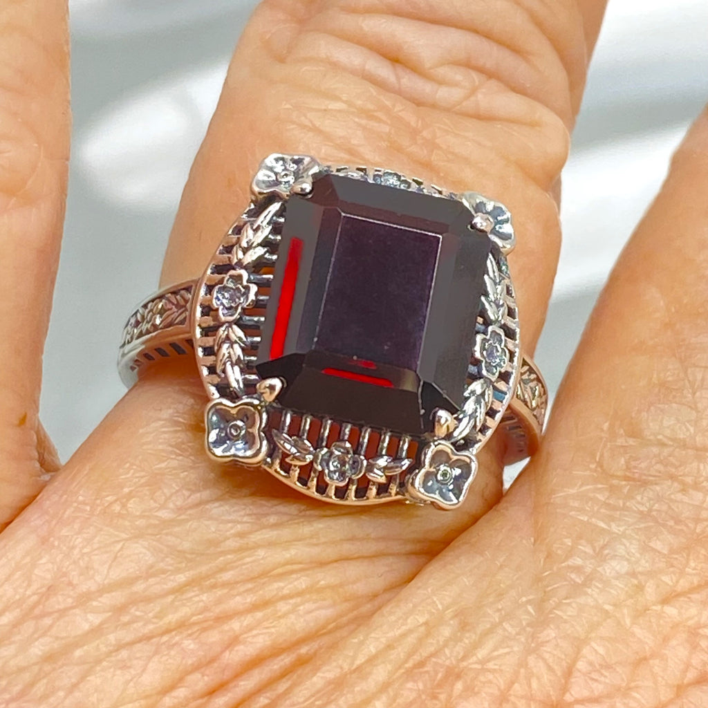 Natural Red Garnet Ring, Picture Frame Floral Filigree, Vintage Jewelry, Sterling Silver, Silver Embrace Jewelry D227
