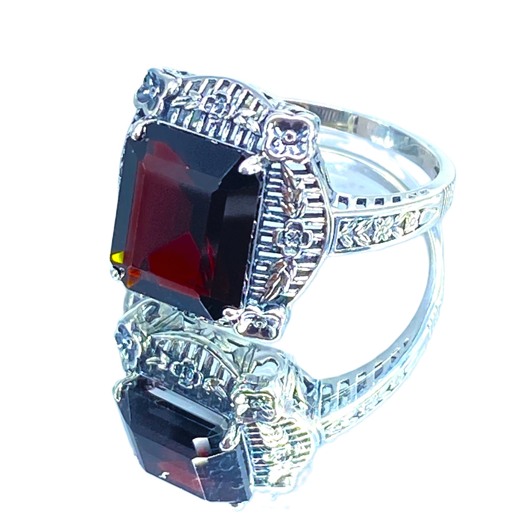 Natural Red Garnet Ring, Picture Frame Floral Filigree, Vintage Jewelry, Sterling Silver, Silver Embrace Jewelry D227