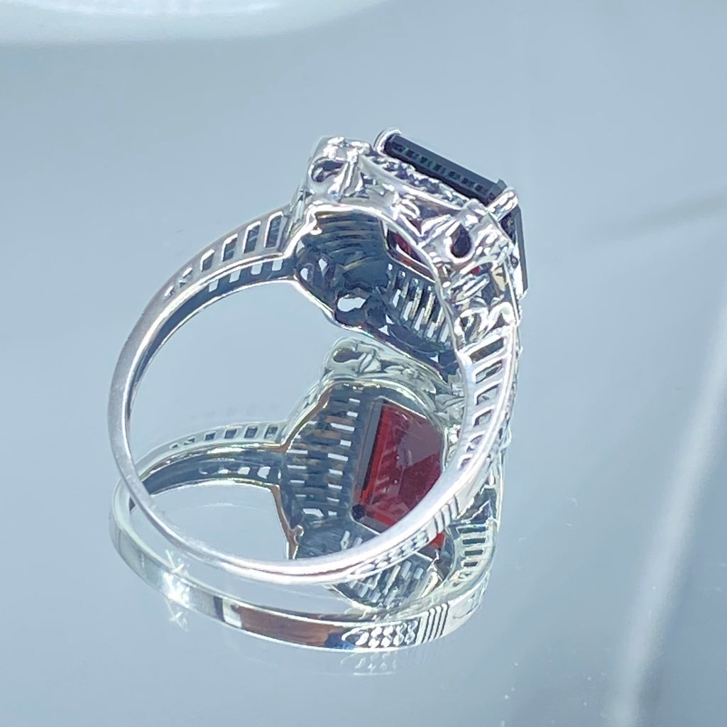 Natural Red Garnet Ring, Picture Frame Floral Filigree, Vintage Jewelry, Sterling Silver, Silver Embrace Jewelry D227