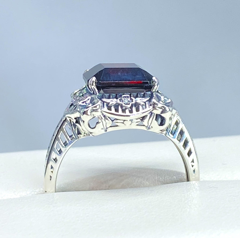 Natural Red Garnet Ring, Picture Frame Floral Filigree, Vintage Jewelry, Sterling Silver, Silver Embrace Jewelry D227