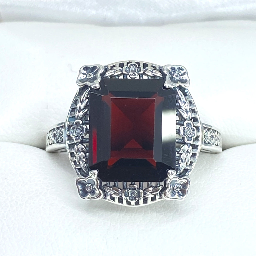 Natural Red Garnet Ring, Picture Frame Floral Filigree, Vintage Jewelry, Sterling Silver, Silver Embrace Jewelry D227