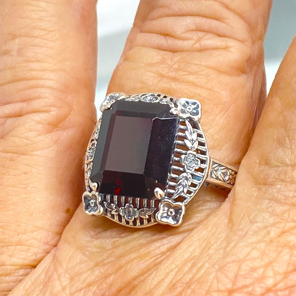 Natural Red Garnet Ring, Picture Frame Floral Filigree, Vintage Jewelry, Sterling Silver, Silver Embrace Jewelry D227