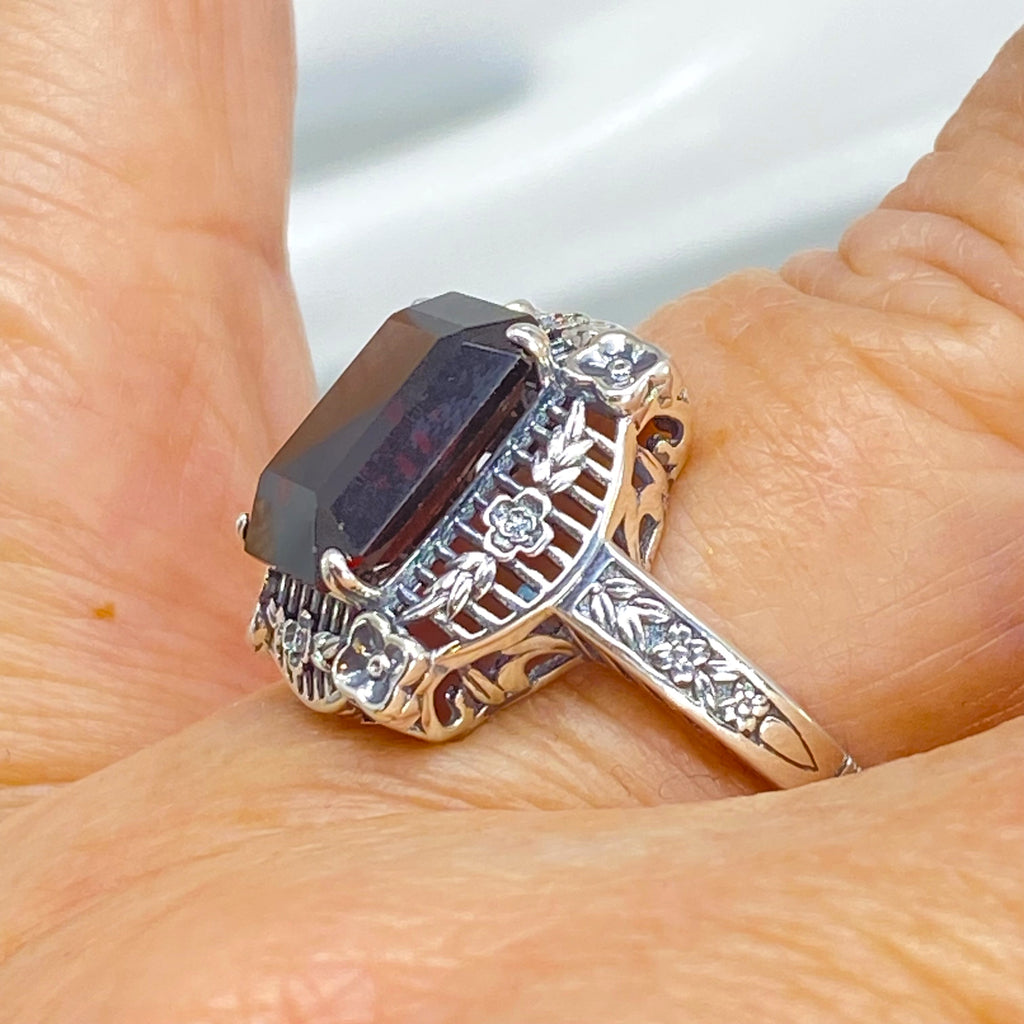 Natural Red Garnet Ring, Picture Frame Floral Filigree, Vintage Jewelry, Sterling Silver, Silver Embrace Jewelry D227