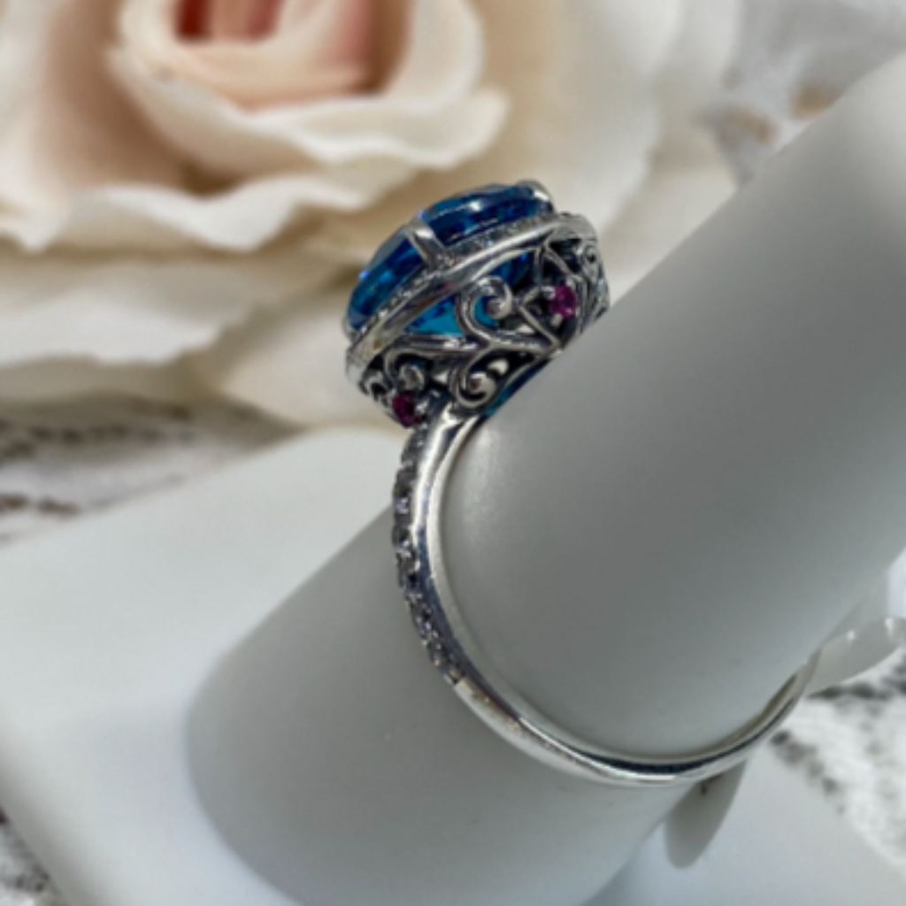 Blue center CZ gem ring surrounded by White CZ gemstones, with White CZ gems down the side of the ring, Aqua CZ Ring, Art Deco Sterling silver Filigree, D228 | Silver Embrace Jewelry
