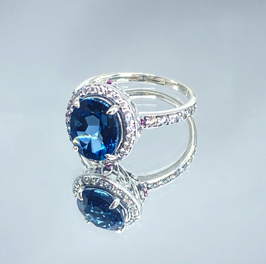 Natural London Blue Topaz Ring with white CZ gems surrounding the central blue gemstone, London Blue Natural Topaz Ring, Sterling Silver Filigree, Halo Design, Silver Embrace Jewelry, Art Deco Jewelry, D228
